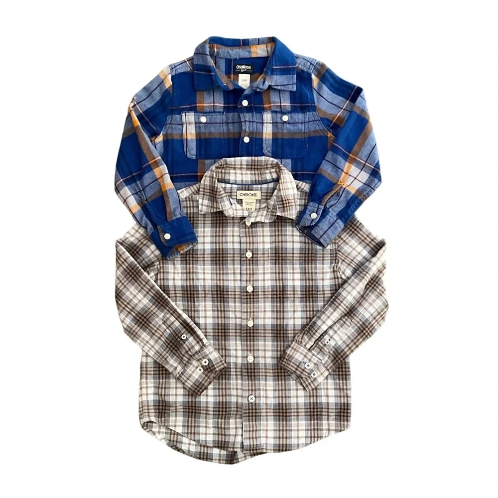 Lot of 2 Boys Shirts OshKosh Flannel Blue Cherokee‎ Plaid Cotton Long Sleeve 6 7